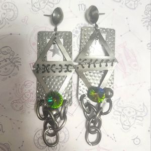 Silver Tone Hammered Metal Earrings with Star and Chain Accent